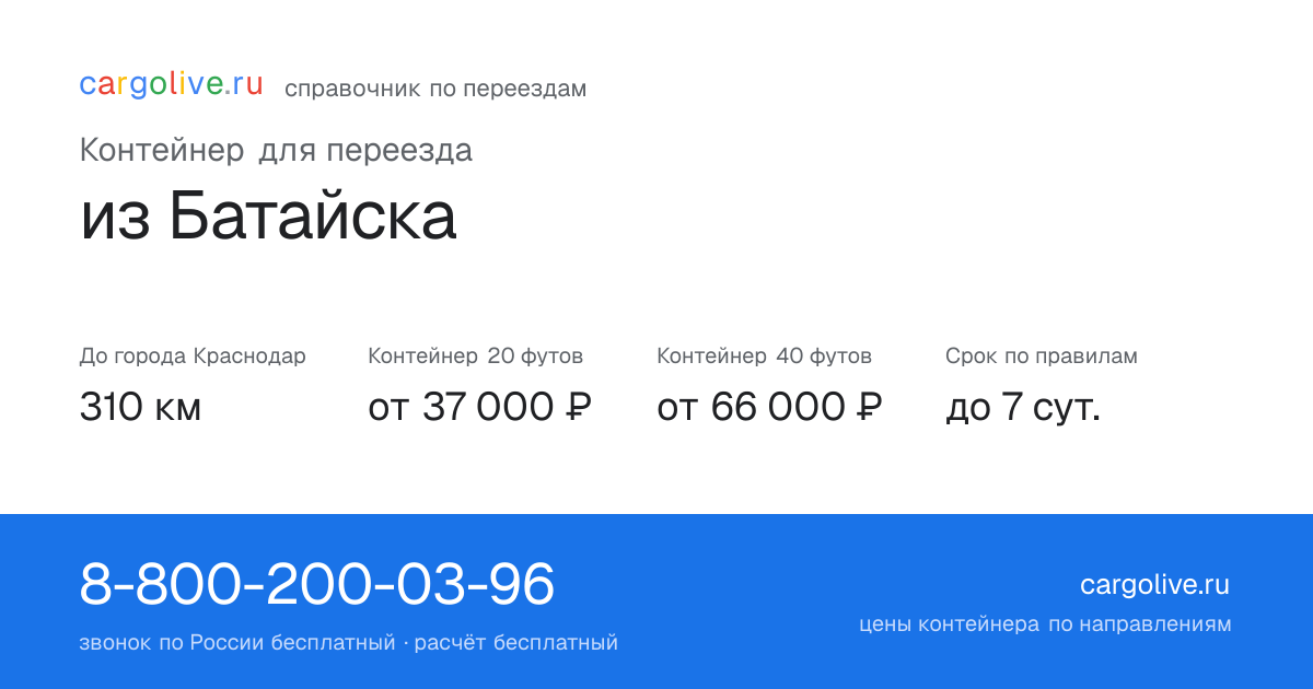 Контейнер для переезда из Батайска в Краснодар: 310 км, 20 футов от 37 000 ₽