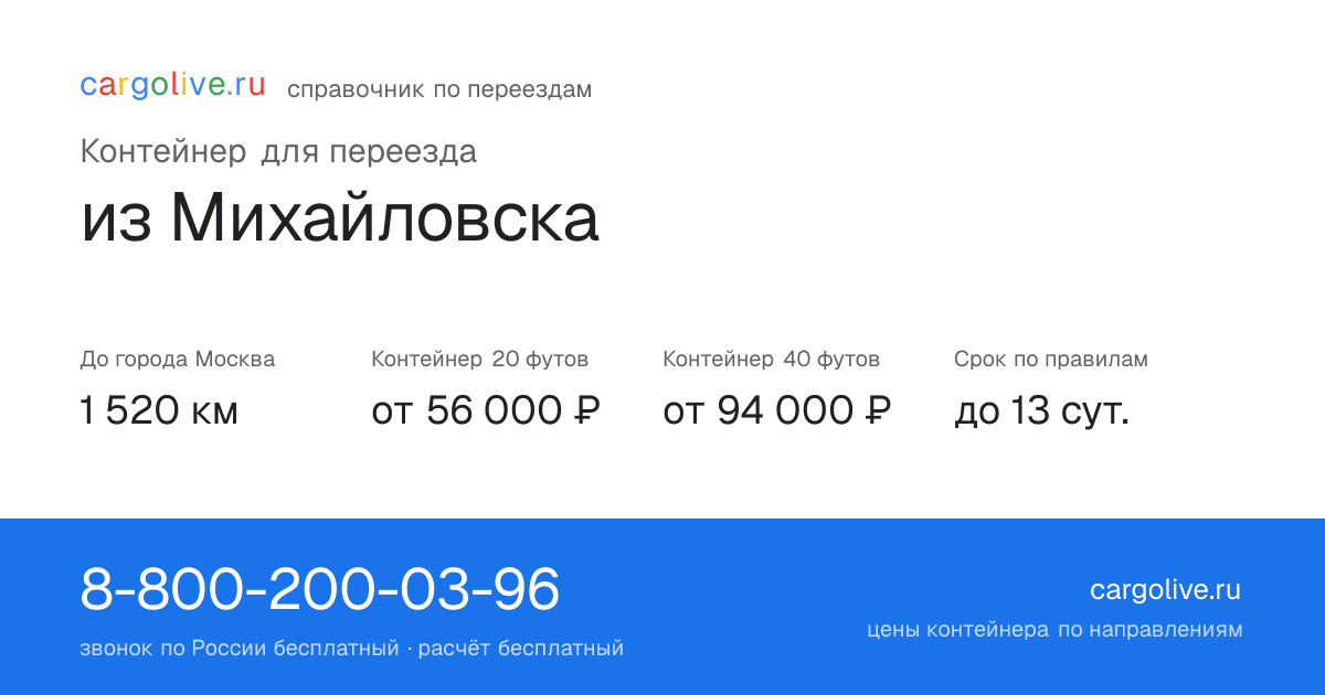 Контейнер для переезда из Михайловска в Москву: 1 520 км, 20 футов от 56 000 ₽