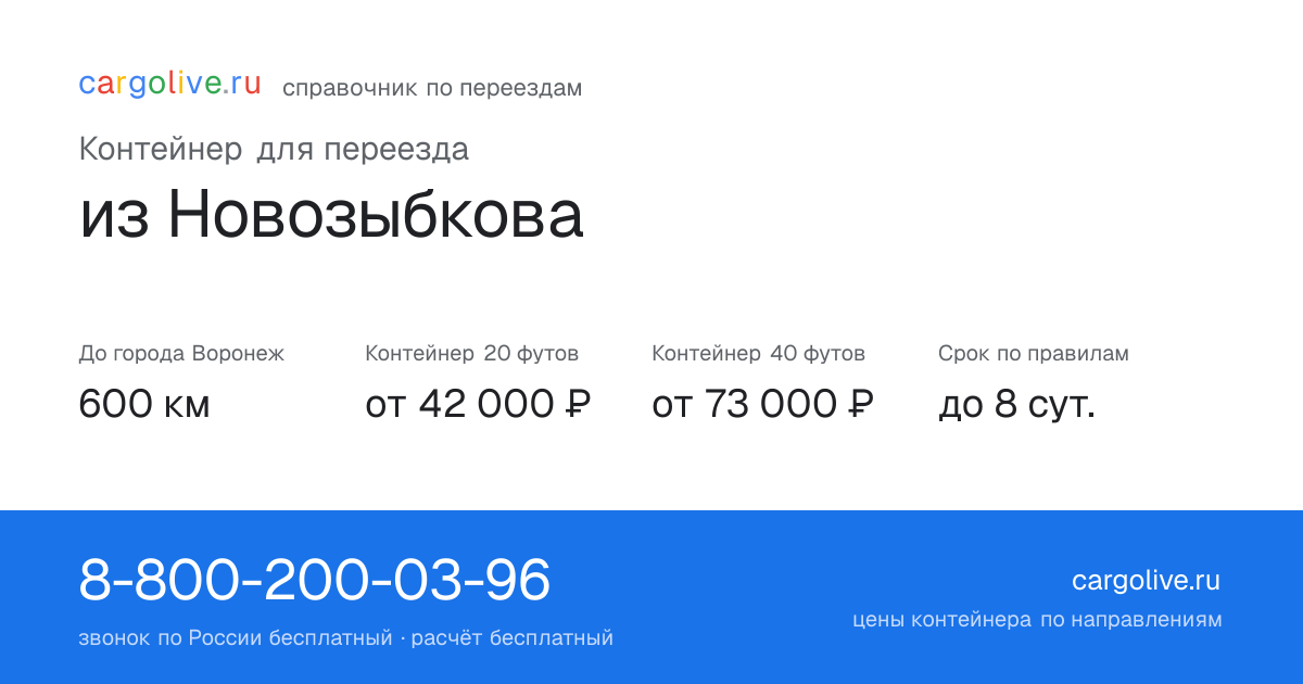 Контейнер для переезда из Новозыбкова в Воронеж: 600 км, 20 футов от 42 000 ₽