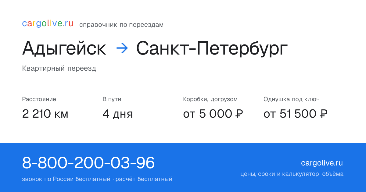 Переезд из Адыгейска в Санкт-Петербург: 2 210 км, 4 дня в пути, от 5 000 ₽