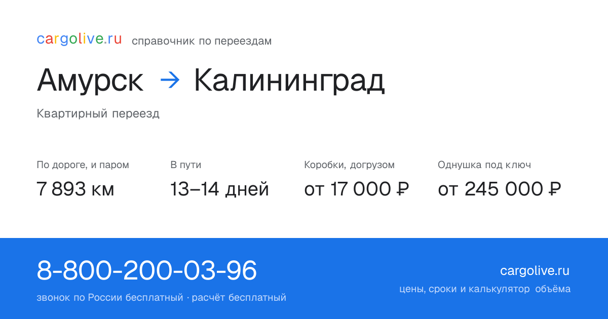 Переезд из Амурска в Калининград: 7 893 км по дороге и паром, 13–14 дней в пути, от 17 000 ₽