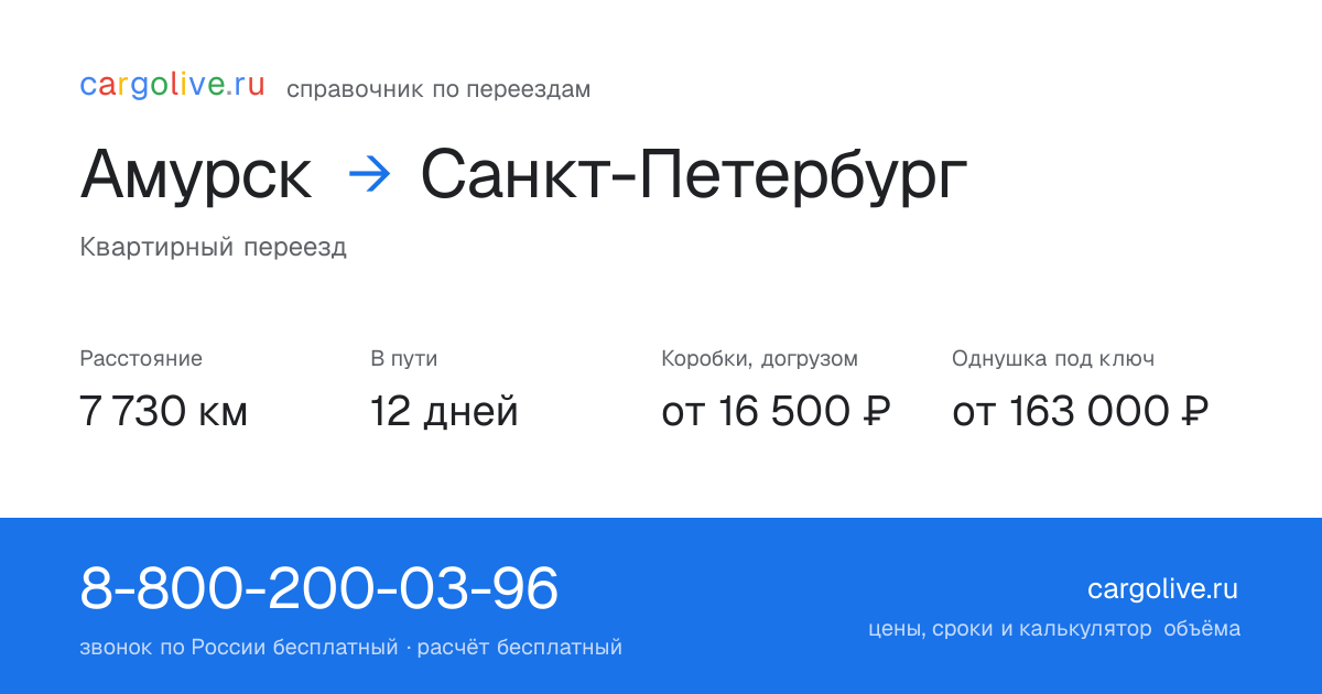 Переезд из Амурска в Санкт-Петербург: 7 730 км, 12 дней в пути, от 16 500 ₽