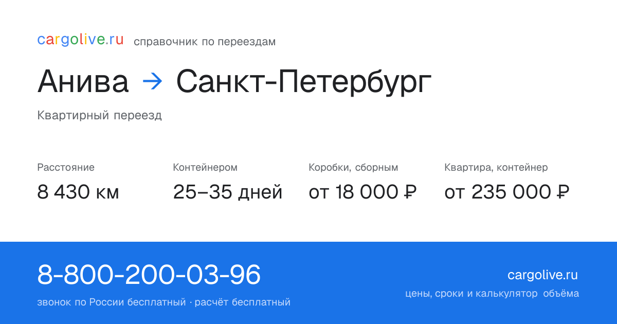 Переезд из Анивы в Санкт-Петербург: 8 430 км, контейнером 25–35 дней, от 18 000 ₽