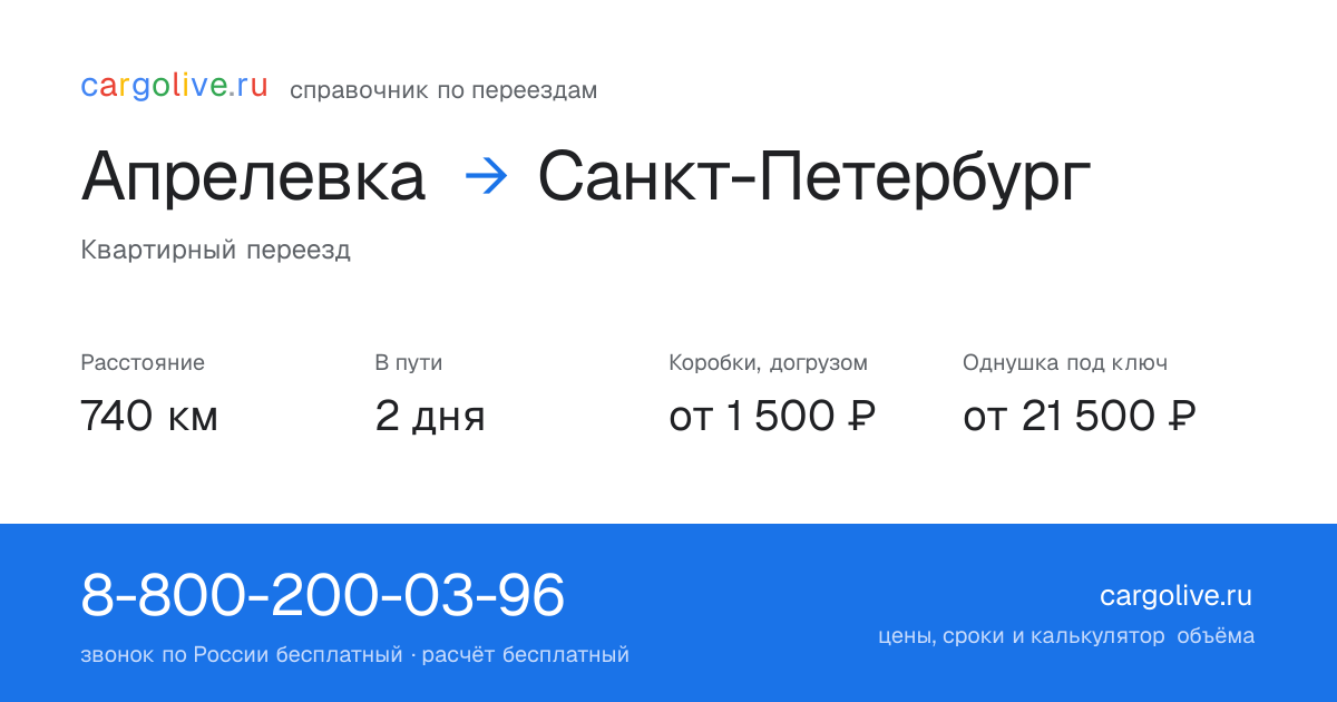 Переезд из Апрелевки в Санкт-Петербург: 740 км, 2 дня в пути, от 2 000 ₽