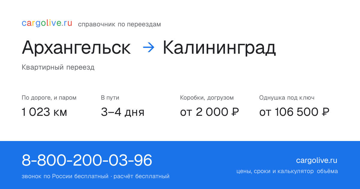 Переезд из Архангельска в Калининград: 1 023 км по дороге и паром, 3–4 дня в пути, от 2 000 ₽