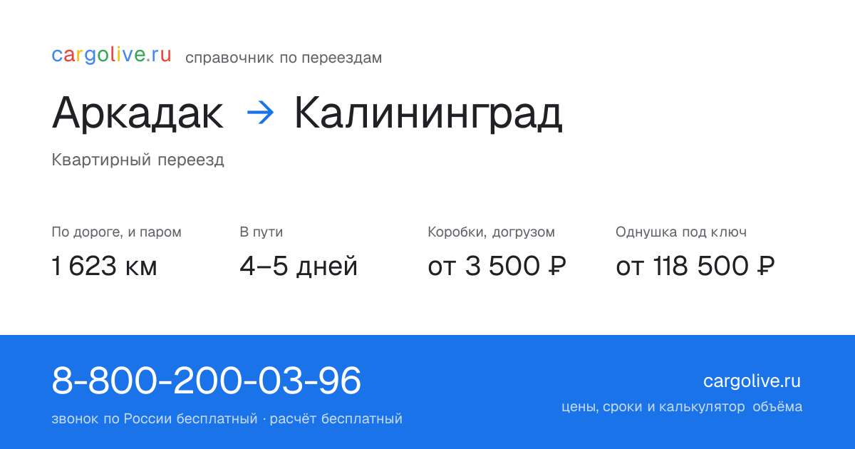 Переезд из Аркадака в Калининград: 1 623 км по дороге и паром, 4–5 дней в пути, от 3 500 ₽
