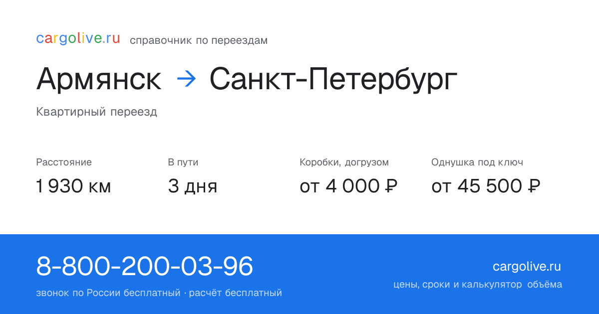 Переезд из Армянска в Санкт-Петербург: 1 930 км, 3 дня в пути, от 4 000 ₽