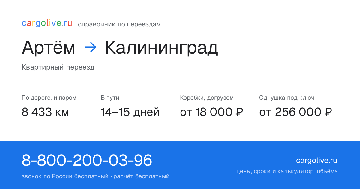 Переезд из Артёма в Калининград: 8 433 км по дороге и паром, 14–15 дней в пути, от 18 000 ₽