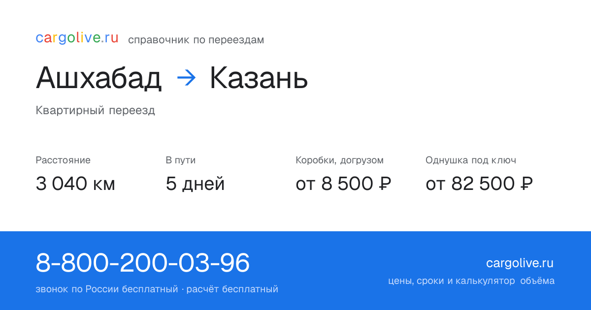 Переезд из Ашхабада в Казань: 3 040 км, 5 дней в пути, от 8 500 ₽