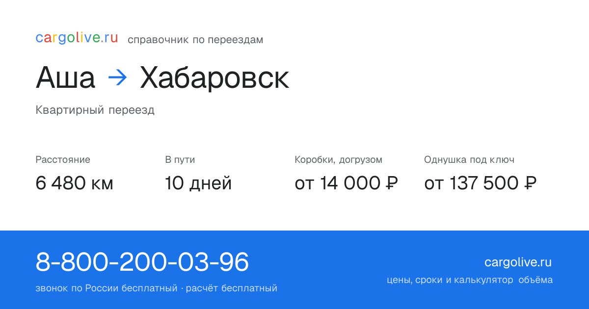 Переезд из Аши в Хабаровск: 6 480 км, 10 дней в пути, от 14 000 ₽