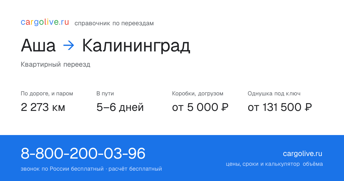 Переезд из Аши в Калининград: 2 273 км по дороге и паром, 5–6 дней в пути, от 5 000 ₽