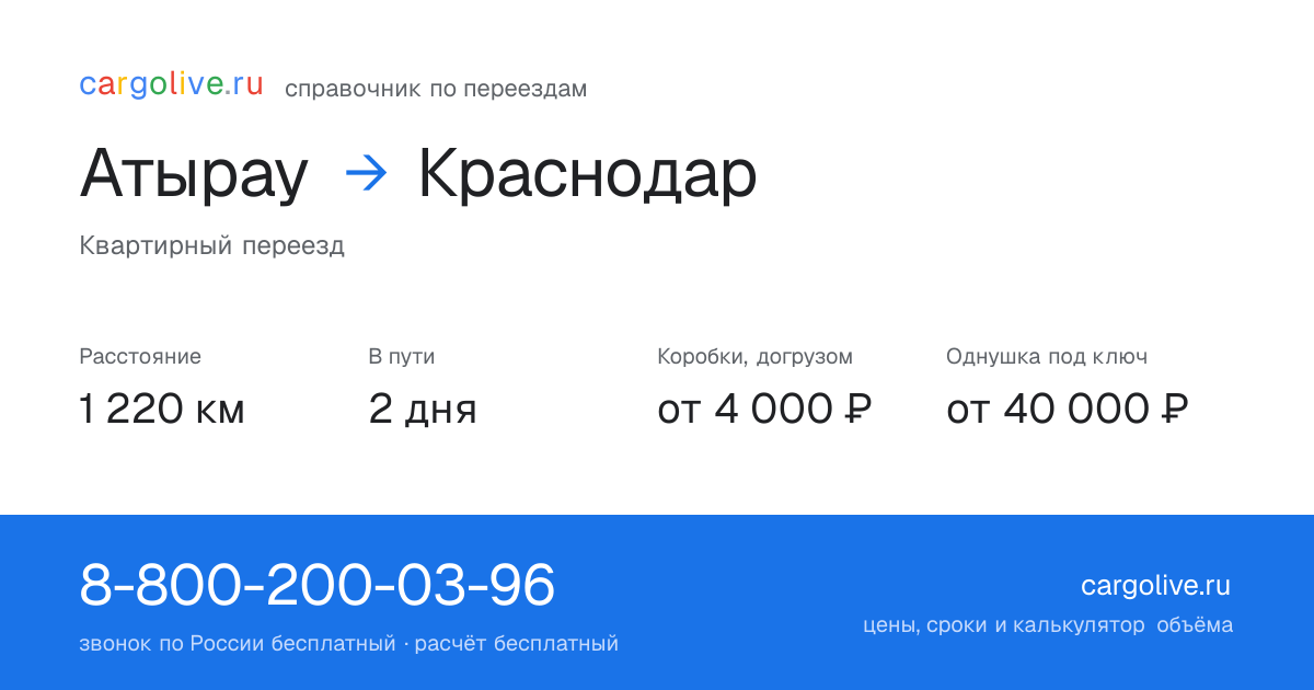 Переезд из Атырау в Краснодар: 1 220 км, 2 дня в пути, от 4 000 ₽