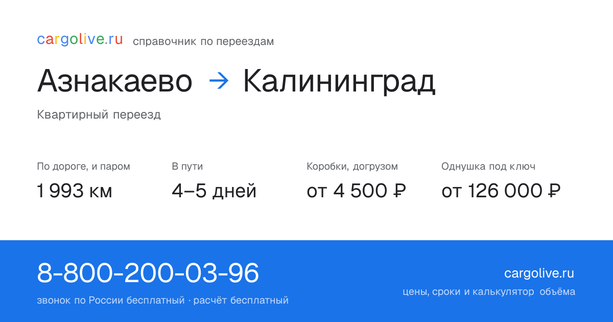 Переезд из Азнакаева в Калининград: 1 993 км по дороге и паром, 4–5 дней в пути, от 4 500 ₽