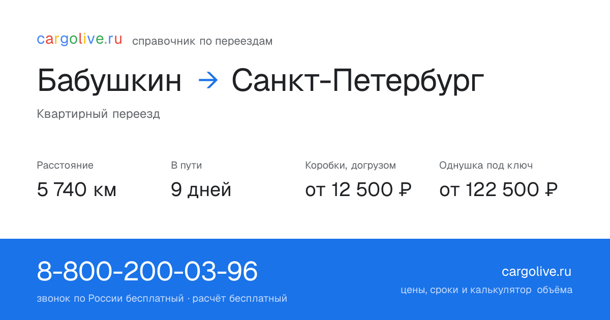 Переезд из Бабушкина в Санкт-Петербург: 5 740 км, 9 дней в пути, от 12 500 ₽
