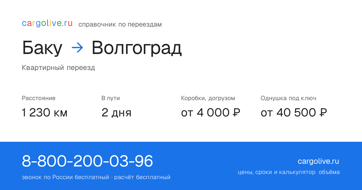 Переезд из Баку в Волгоград: 1 230 км, 2 дня в пути, от 4 000 ₽