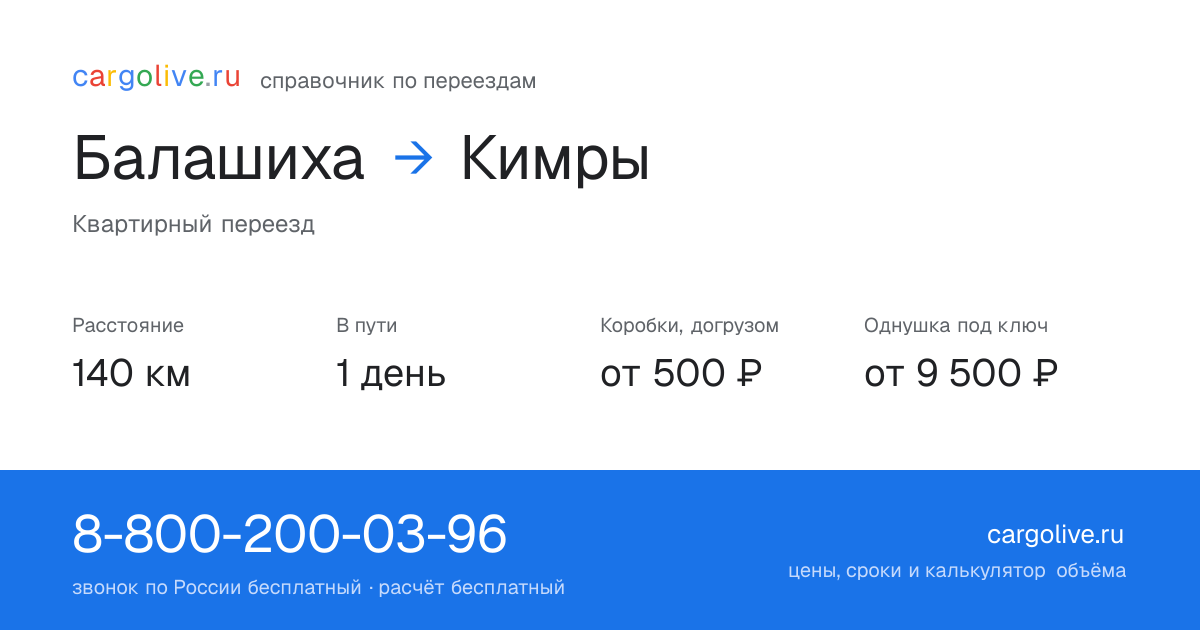 Переезд из Балашихи в Кимры: 140 км, 1 день в пути, от 2 000 ₽