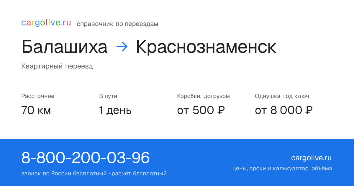 Переезд из Балашихи в Краснознаменск: 70 км, 1 день в пути, от 2 000 ₽