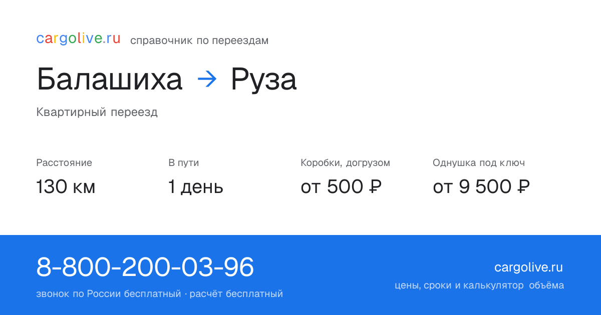 Переезд из Балашихи в Рузу: 130 км, 1 день в пути, от 2 000 ₽