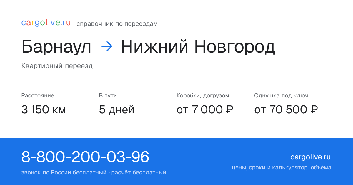 Переезд из Барнаула в Нижний Новгород: 3 150 км, 5 дней в пути, от 7 000 ₽