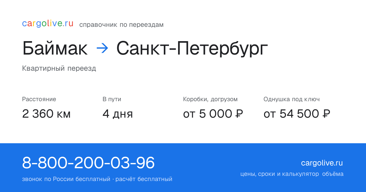 Переезд из Баймака в Санкт-Петербург: 2 360 км, 4 дня в пути, от 5 000 ₽