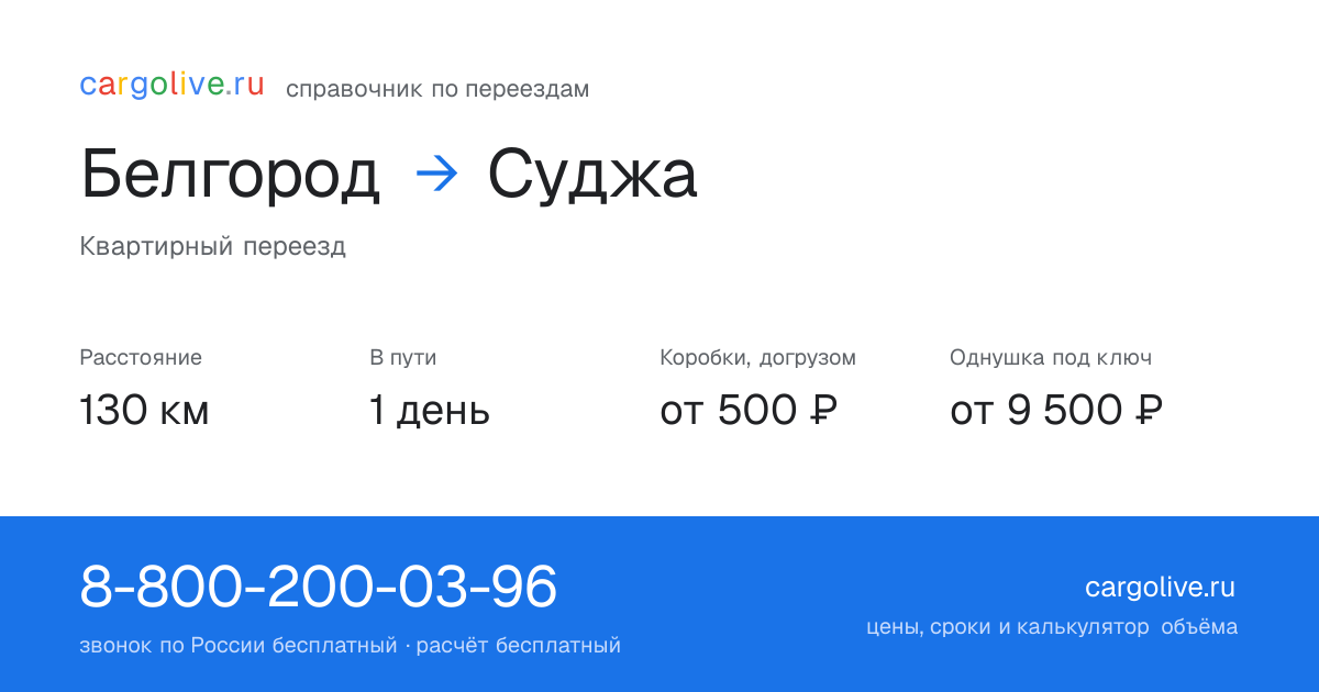Переезд из Белгорода в Суджу: 130 км, 1 день в пути, от 2 000 ₽