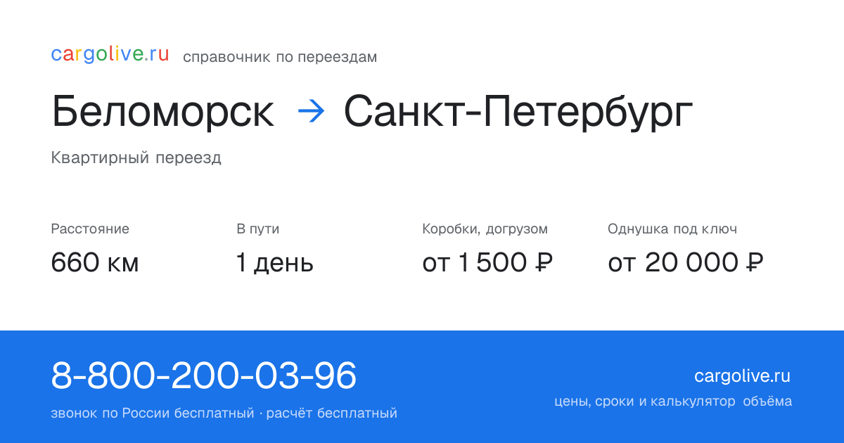 Переезд из Беломорска в Санкт-Петербург: 660 км, 1 день в пути, от 2 000 ₽