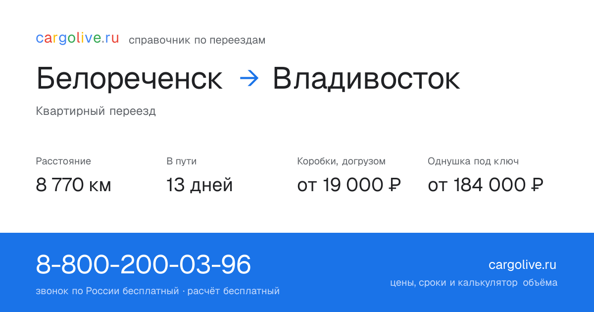 Переезд из Белореченска во Владивосток: 8 770 км, 13 дней в пути, от 19 000 ₽