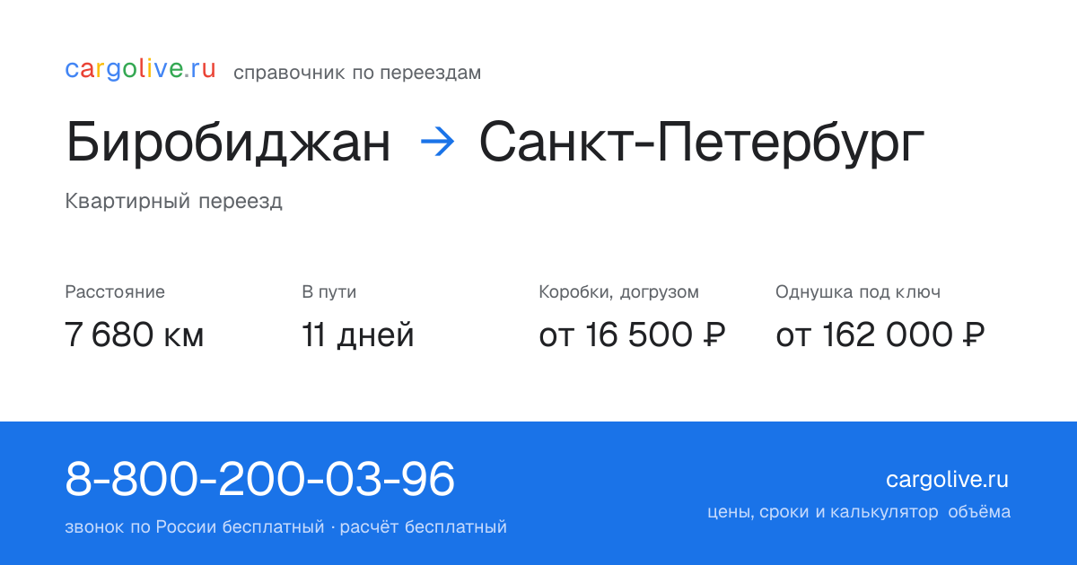 Переезд из Биробиджана в Санкт-Петербург: 7 680 км, 11 дней в пути, от 16 500 ₽
