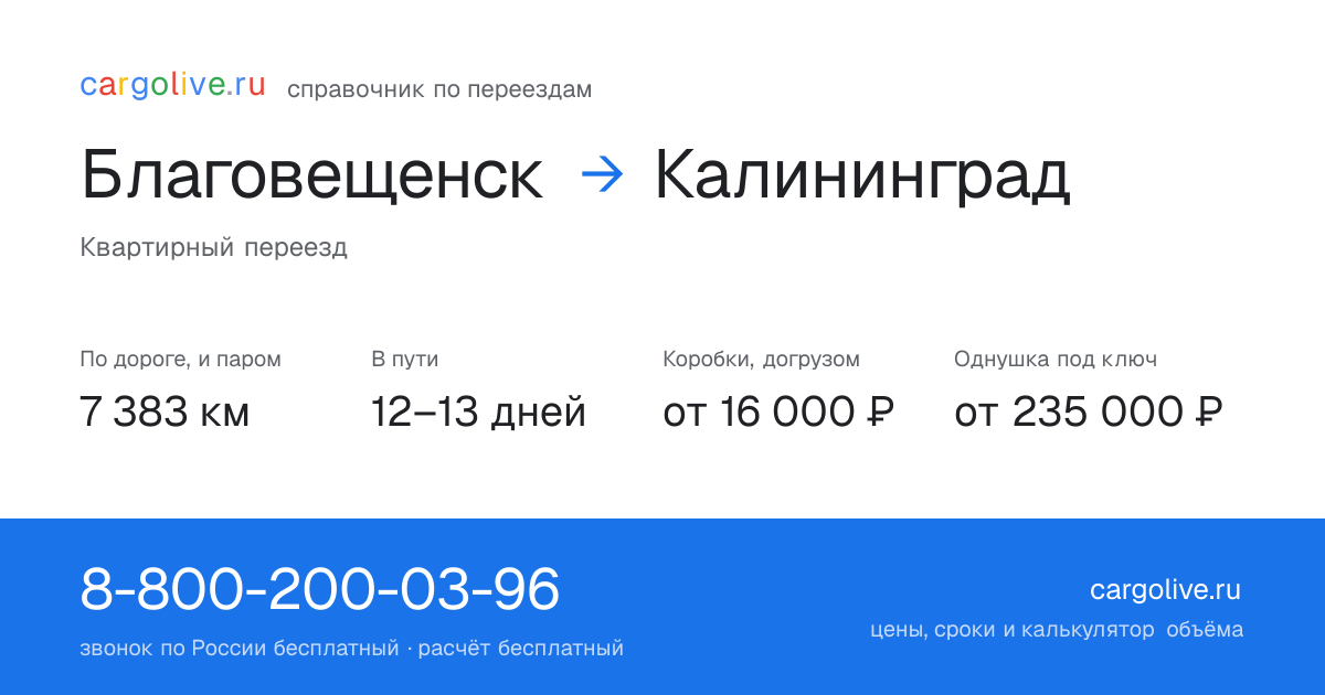 Переезд из Благовещенска в Калининград: 7 383 км по дороге и паром, 12–13 дней в пути, от 16 000 ₽