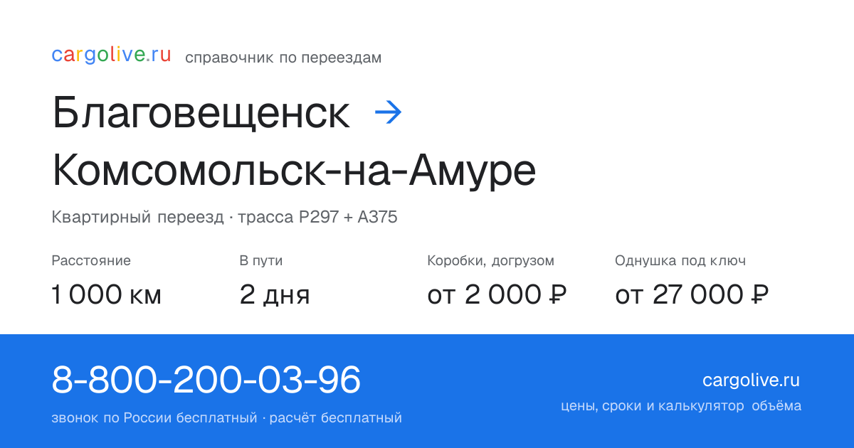 Переезд из Благовещенска в Комсомольск-на-Амуре: 1 000 км, 2 дня в пути, от 2 000 ₽