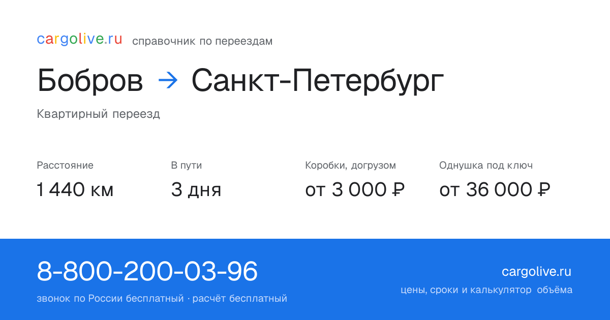 Переезд из Боброва в Санкт-Петербург: 1 440 км, 3 дня в пути, от 3 000 ₽