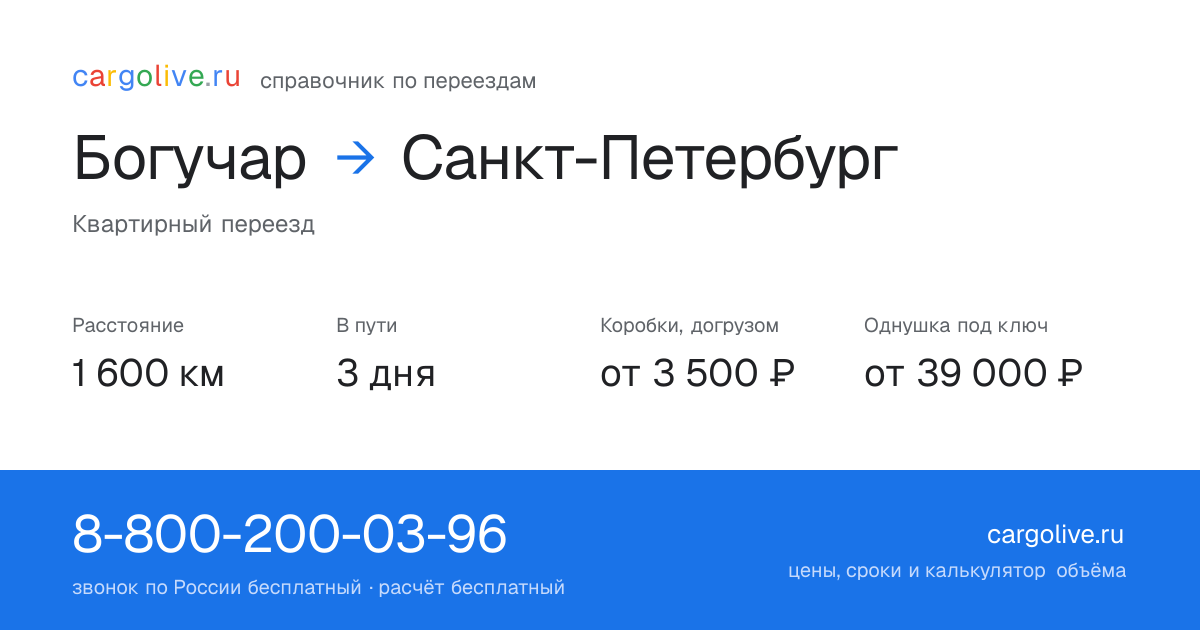 Переезд из Богучара в Санкт-Петербург: 1 600 км, 3 дня в пути, от 3 500 ₽
