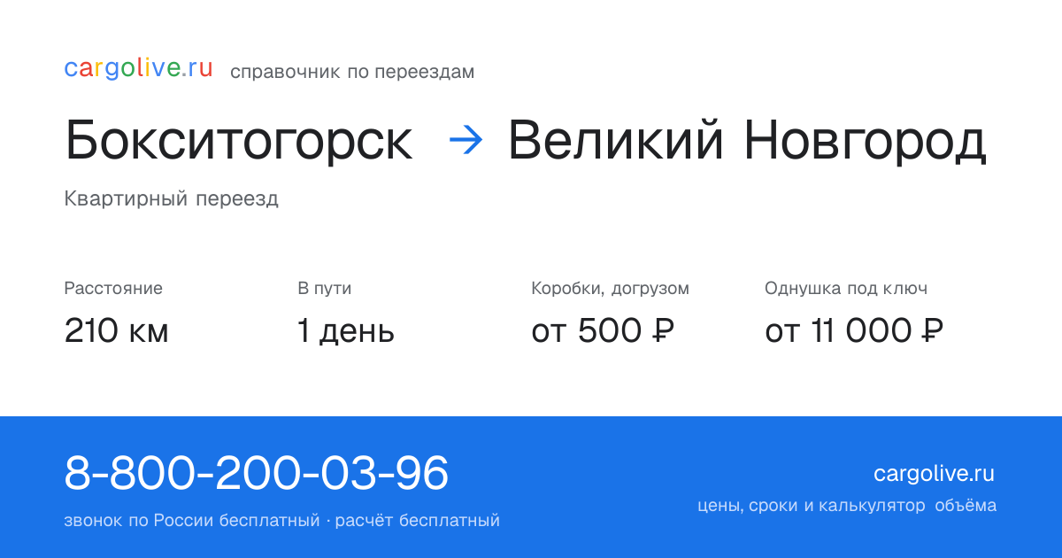 Переезд из Бокситогорска в Великий Новгород: 210 км, 1 день в пути, от 2 000 ₽