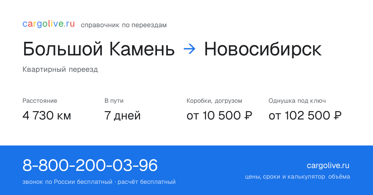 Переезд из Большого Камня в Новосибирск: 4 730 км, 7 дней в пути, от 10 500 ₽
