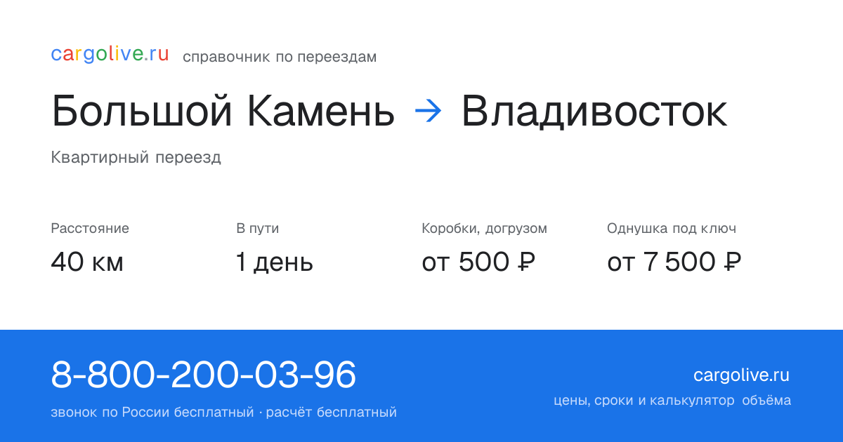 Переезд из Большого Камня во Владивосток: 40 км, 1 день в пути, от 2 000 ₽