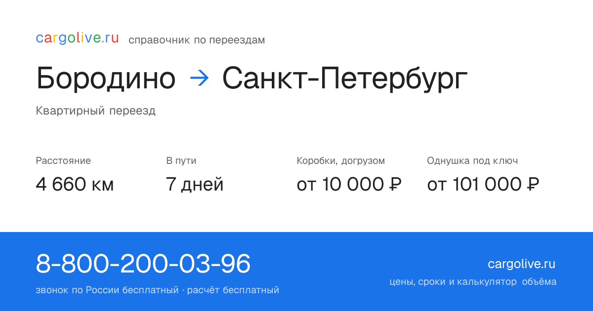 Переезд из Бородина в Санкт-Петербург: 4 660 км, 7 дней в пути, от 10 000 ₽