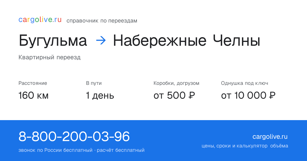 Переезд из Бугульмы в Набережные Челны: 160 км, 1 день в пути, от 2 000 ₽