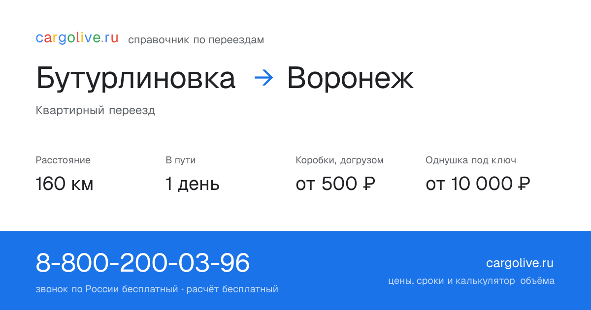 Переезд из Бутурлиновки в Воронеж: 160 км, 1 день в пути, от 2 000 ₽