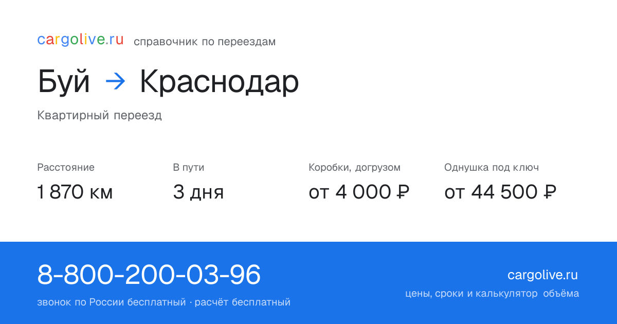 Переезд из Буя в Краснодар: 1 870 км, 3 дня в пути, от 4 000 ₽