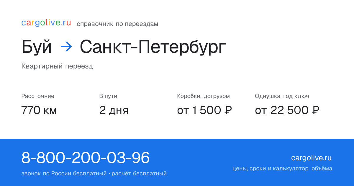 Переезд из Буя в Санкт-Петербург: 770 км, 2 дня в пути, от 2 000 ₽