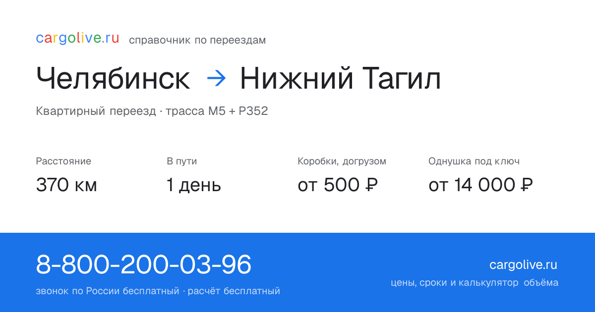 Переезд из Челябинска в Нижний Тагил: 370 км, 1 день в пути, от 2 000 ₽