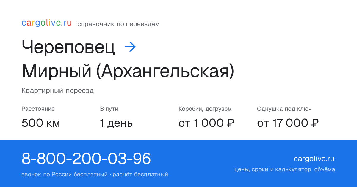 Переезд из Череповеца в Мирный (Архангельская): 500 км, 1 день в пути, от 2 000 ₽