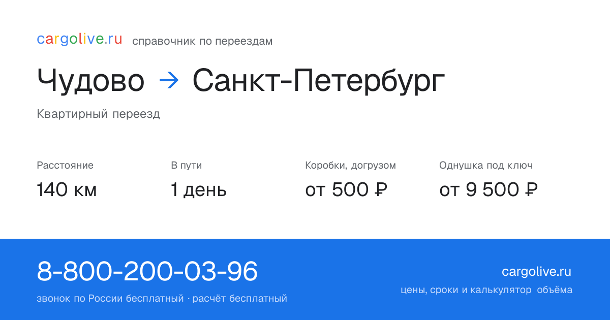Переезд из Чудова в Санкт-Петербург: 140 км, 1 день в пути, от 2 000 ₽