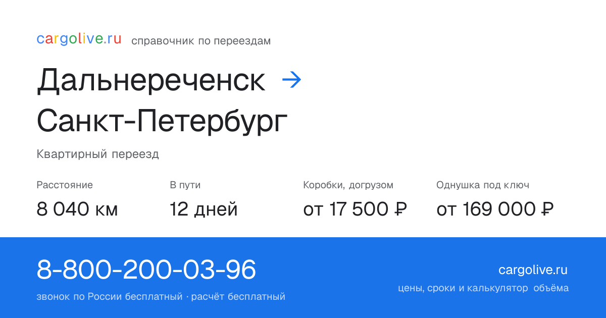 Переезд из Дальнереченска в Санкт-Петербург: 8 040 км, 12 дней в пути, от 17 500 ₽