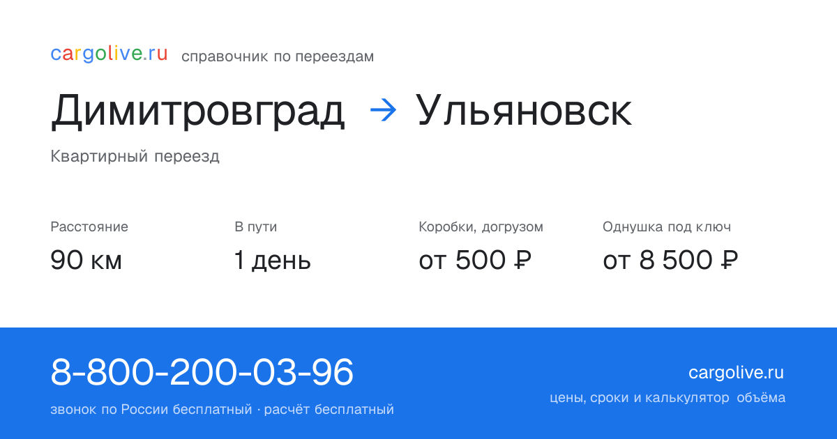 Переезд из Димитровграда в Ульяновск: 90 км, 1 день в пути, от 2 000 ₽