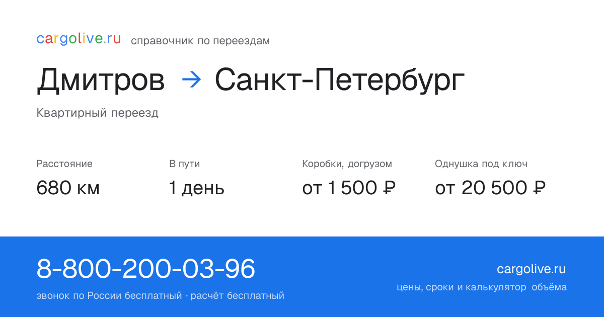 Переезд из Дмитрова в Санкт-Петербург: 680 км, 1 день в пути, от 2 000 ₽