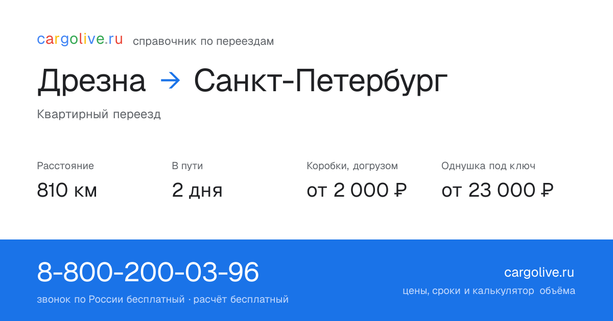 Переезд из Дрезны в Санкт-Петербург: 810 км, 2 дня в пути, от 2 000 ₽