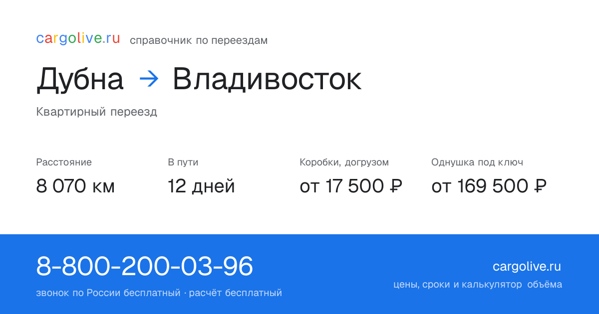 Переезд из Дубны во Владивосток: 8 070 км, 12 дней в пути, от 17 500 ₽