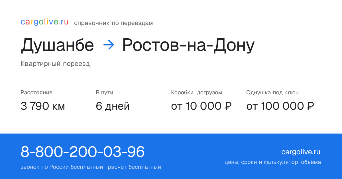 Переезд из Душанбе в Ростов-на-Дону: 3 790 км, 6 дней в пути, от 10 000 ₽