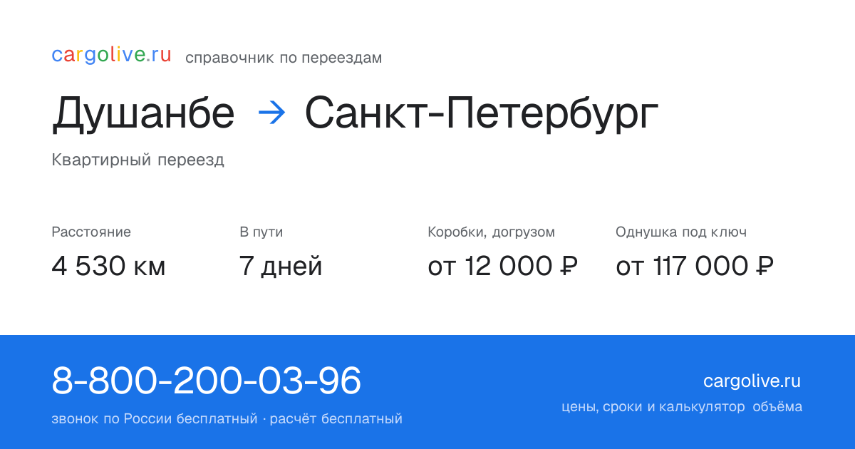Переезд из Душанбе в Санкт-Петербург: 4 530 км, 7 дней в пути, от 12 000 ₽
